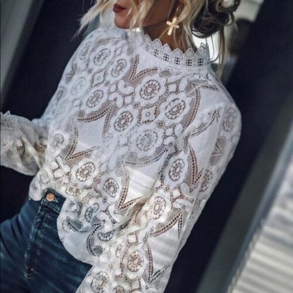New White Lace Long Sleeve Blouse Top - Picture 8 of 12